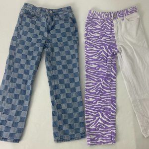 Lot of 2 Pairs of Shein Jeans Checker & Leopard Print Blue Purple - Girls Size 8
